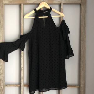Francesca’s black halter open shoulder dress